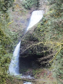 Upper Latourell Falls is an almost perfect bow tie. There is a grotto just to the right of the falls where you can kind of get behind the falls.